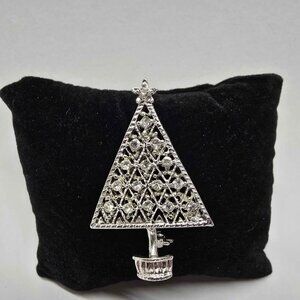 Silver and Rhinestone Christmas Tree Brooch 2" Holiday Pin Gift